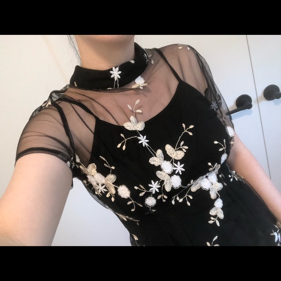 (219) Black Sheer Floral Mini Dress - Picture 14 of 16